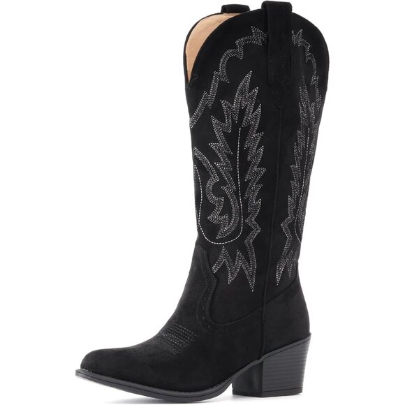 Women Black Chunky Heel Pointed Toe Cowgirl Mid Calf Embroidery Western Boots - Picture 4 of 6